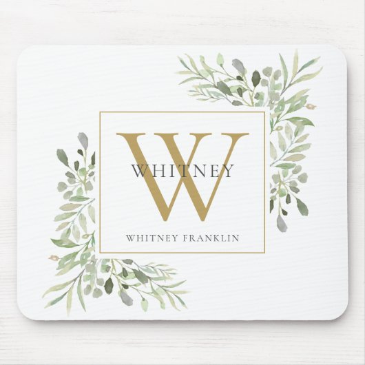 金ゴールドエレガントモノグラムフローラ緑マウスパッド マウスパッド (正面)