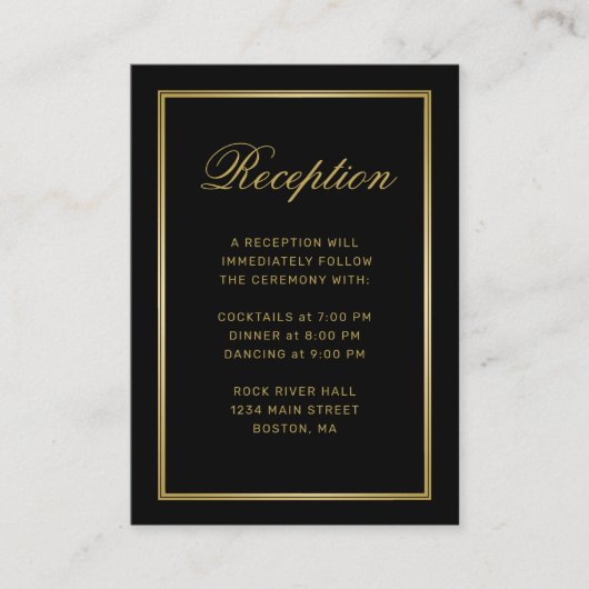 金ゴールドエレガントモノグラムブラックウェディングレセプション エンクロージャーカード (正面)