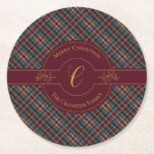 金ゴールドエレガントモノグラムプレイドクリスマスホリデー ラウンドペーパーコースター (正面)