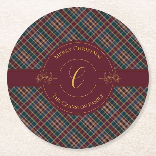 金ゴールドエレガントモノグラムプレイドクリスマスホリデー ラウンドペーパーコースター (正面)