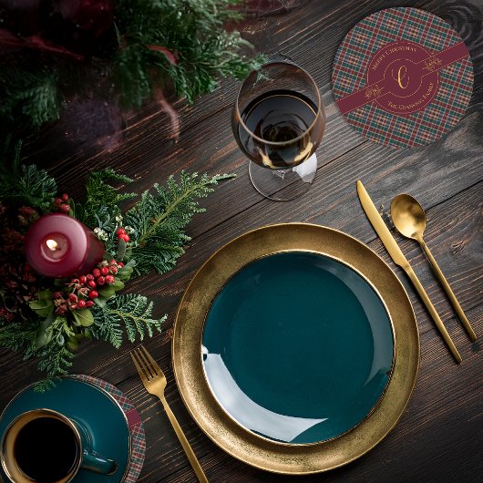 金ゴールドエレガントモノグラムプレイドクリスマスホリデー ラウンドペーパーコースター