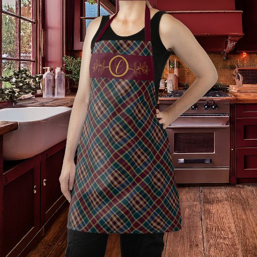 金ゴールドエレガントモノグラムプレイド – クランベリーブルーティール（緑がかった色） エプロン