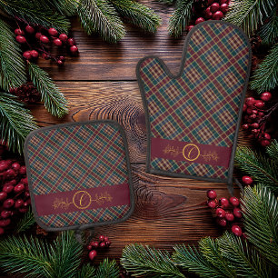 金ゴールドエレガントモノグラムプレイド – クランベリーブルーティール（緑がかった色） 鍋つかみ&鍋敷きセット