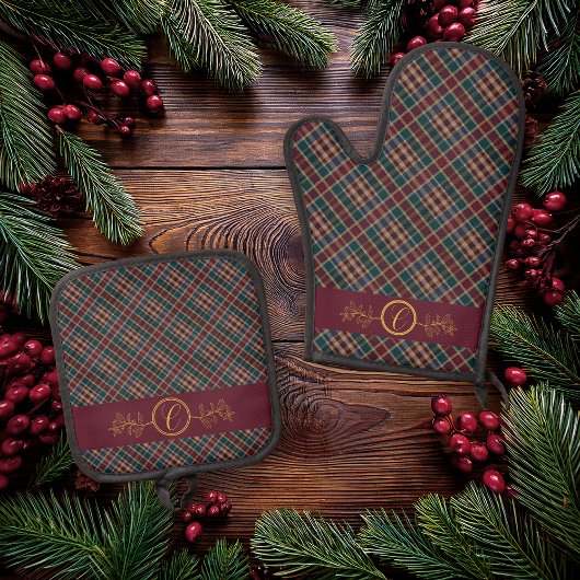 金ゴールドエレガントモノグラムプレイド – クランベリーブルーティール(緑がかった色) 鍋つかみ&鍋敷きセット