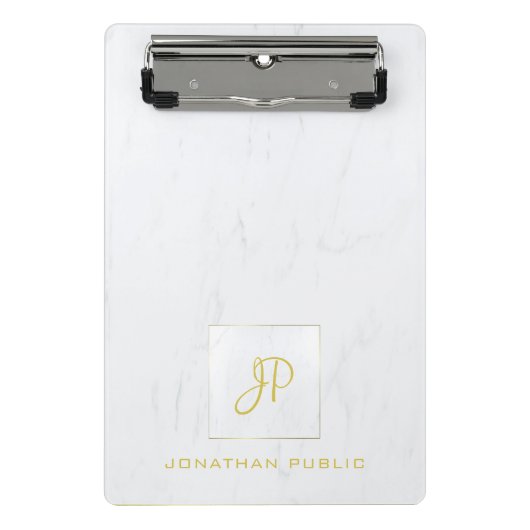 金ゴールドエレガントモノグラムプロフェッショナルホワイトマーブル ミニクリップボード (正面)