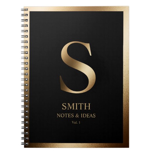 金ゴールドエレガントモノグラム枠 | ブラック ノートブック (正面)