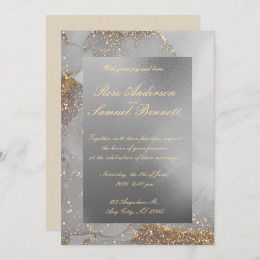 金ゴールドエレガントモノグラム結婚式招待状 招待状 (正面/裏面)