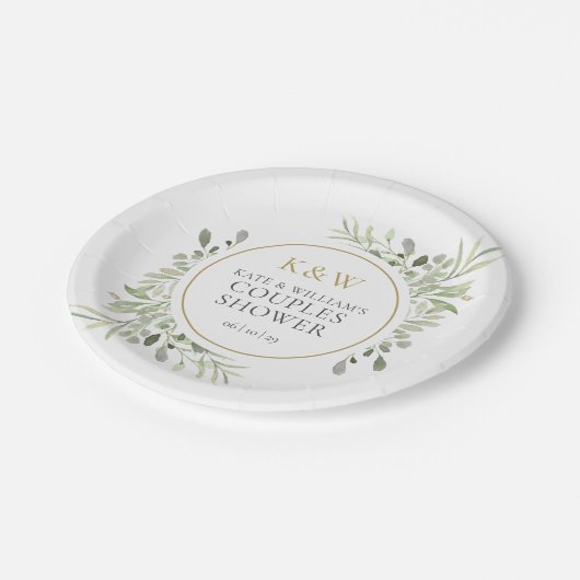 金ゴールドエレガントモノグラム緑カップルのシャワー ペーパープレート (アングル)