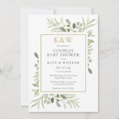金ゴールドエレガントモノグラム緑カップル赤ちゃんシャワー 招待状 (正面)