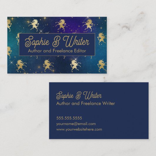 金ゴールドエレガントユニコーンスターリースカイファンタジー作家 名刺 (正面/裏面)