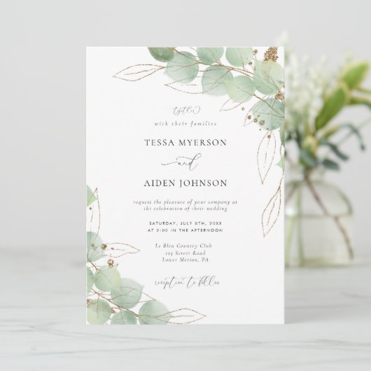 金ゴールドエレガントユーカリ結婚ーの 招待状 (スタンド正面)