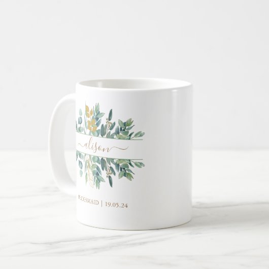 金ゴールドエレガントユーカリ花嫁付き添い添え添えギフトキープサケ コーヒーマグカップ (正面左)