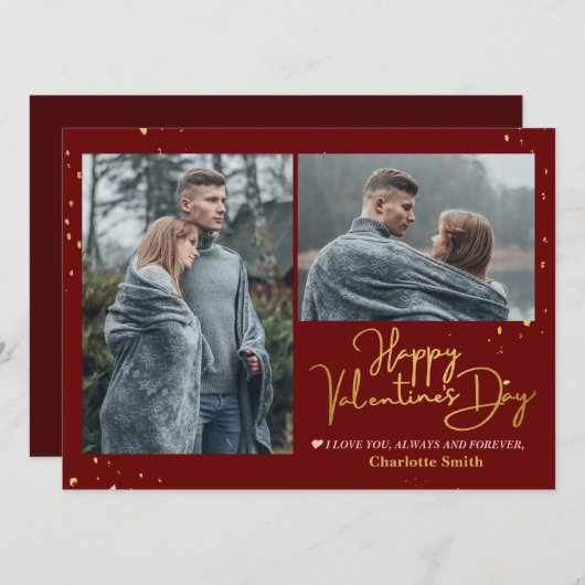 金ゴールドエレガントラブバレンタインのカップルの写真 シーズンカード (正面/裏面)