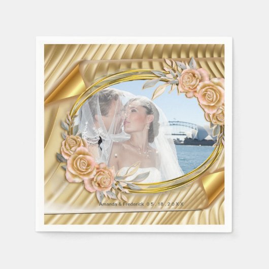 金ゴールドエレガントリップル効果とバラ スタンダードカクテルナプキン (正面)