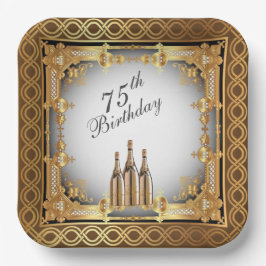 金ゴールドエレガントリム75th誕生日パーティー ペーパープレート