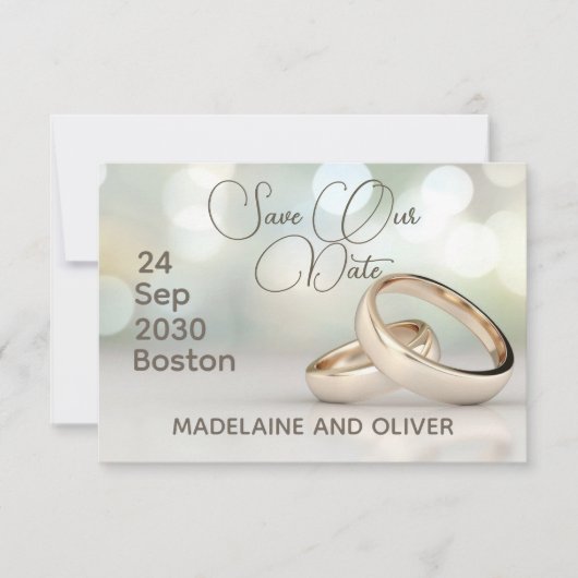 金ゴールドエレガントリングや輪写真結婚式の日付の保存 出欠カード (正面)