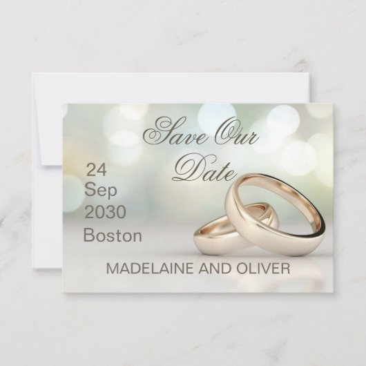金ゴールドエレガントリングや輪写真結婚式の日付の保存 出欠カード (正面)
