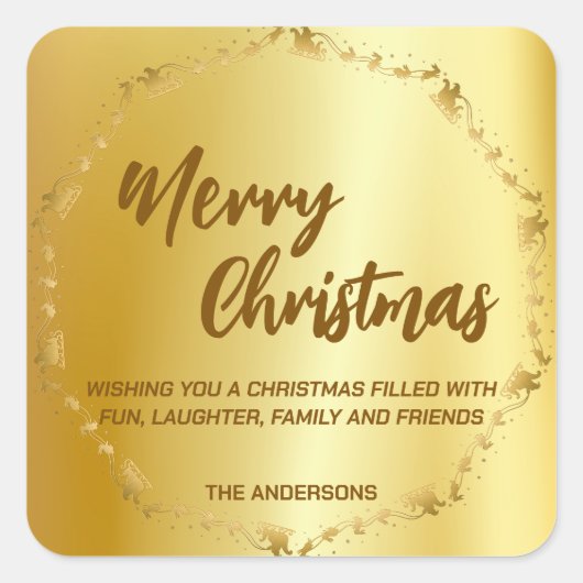 金ゴールドエレガントリースサンタスレッドディアメリークリスマス スクエアシール (正面)