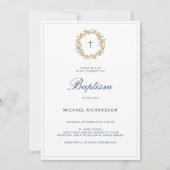 金ゴールドエレガントリースネイビークロスバプテスマ《キリスト教》洗礼式や命名式 招待状 (正面)