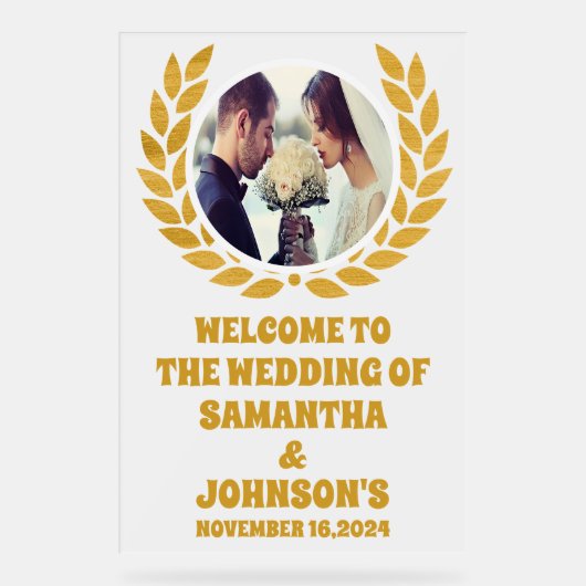 金ゴールドエレガントリース写真結婚歓迎フロステッド アクリルサイン (正面)
