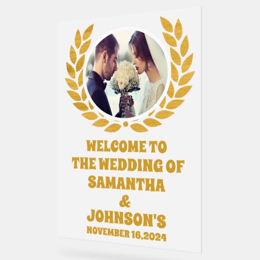 金ゴールドエレガントリース写真結婚歓迎フロステッド アクリルサイン (傾斜)