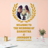 金ゴールドエレガントリース写真結婚歓迎フロステッド アクリルサイン (ウェディング)