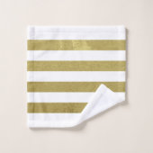 金ゴールドエレガントリーフストライプのブルーとホワイトタオルセット バスタオルセット (ウォッシュタオル)