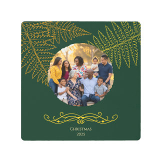 金ゴールドエレガントリーフファーンクリスマスウッドウォールアート メタルプリント