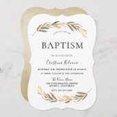 金ゴールドエレガントリーフボーイまたはガールバプテスマ《キリスト教》洗礼式や命名式 招待状 (正面/裏面)