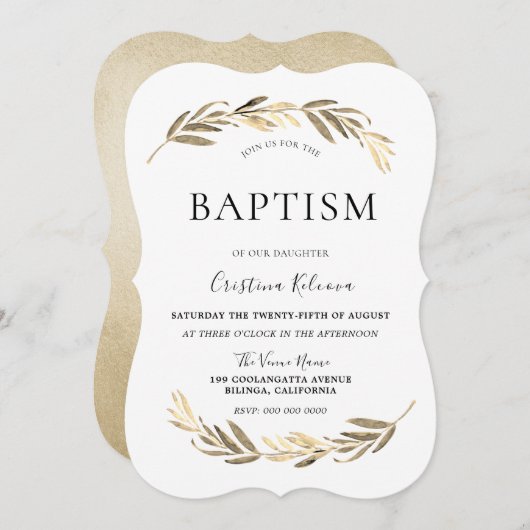 金ゴールドエレガントリーフボーイまたはガールバプテスマ《キリスト教》洗礼式や命名式 招待状 (正面/裏面)