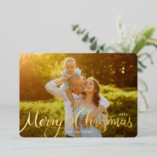 金ゴールドエレガントレタリングメリークリスマスフォト 箔シーズンカード (立ち正面)
