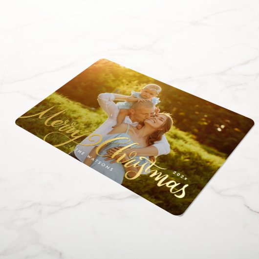 金ゴールドエレガントレタリングメリークリスマスフォト 箔シーズンカード (回転した状態)