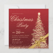 金ゴールドエレガントレッドウィンタークリスマスツリーボウパーティー 招待状 (正面)