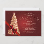 金ゴールドエレガントレッドクリスマスツリーリボンホリデーパーティー 招待状 (正面)