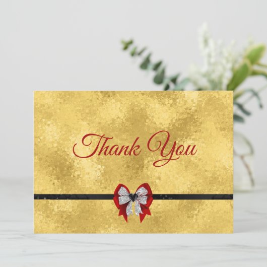 金ゴールドエレガントレッド弓タイモノグラム サンキューカード (スタンド正面)