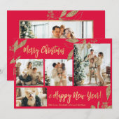 金ゴールドエレガントレッド4フォトコラージクリスマスカード (正面/裏面)