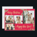 金ゴールドエレガントレッド4フォトコラージクリスマスカード<br><div class="desc">エレガント金ゴールドと赤モダン植物学葉4写真コラージメリークリスマスホリデーカード。このフェスティバル、模倣者、お洒落4枚(4)フォト・ホリデー・カード・テンプレートは、フォト・コラージュかわいらし、金ゴールドフォイル植物学フェイクの、ウインターベリーとメリー・クリスマスとハッピーニューイヤーと言う・フォイル・ボタニカルのを備えている。「メリークリスマスと新年」の挨拶文字は、赤い背景書に、美しい手書きタイポグラフィフォントタイプで表示される。裏側には金ゴールド枠と金ゴールドグリッター箔フェイクが赤色に配葉置された1枚の横向き写真。このかわいらしクリスマスとホリデーシーズンに家族や友人のために記念しなさい。</div>