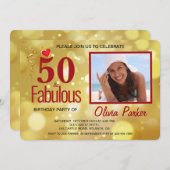 金ゴールドエレガントレッド50th誕生日パーティーへの招待 招待状 (正面/裏面)