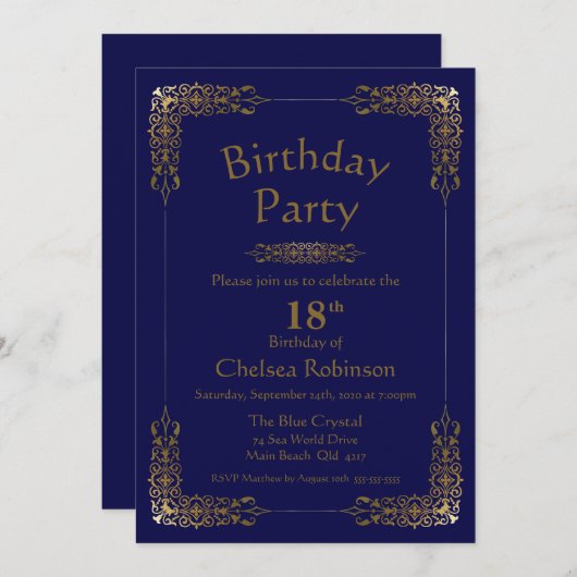 金ゴールドエレガントレースブルー18thバースデーパーティー 招待状 (正面/裏面)