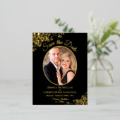金ゴールドエレガントレース&フォトブラック日付を保存 箔招待状ポストカード (立ち正面)