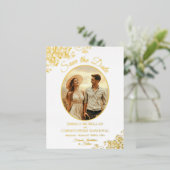 金ゴールドエレガントレース&フォトホワイト日付を保存 箔招待状ポストカード (立ち正面)