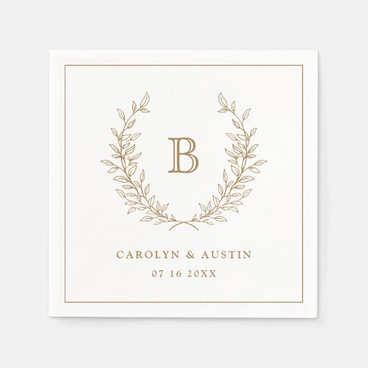 金ゴールドエレガントローレルリース結婚ズモノグラム スタンダードカクテルナプキン (正面)