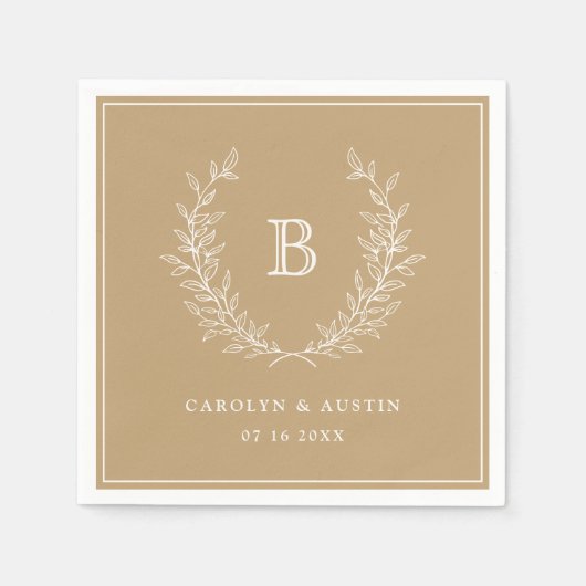金ゴールドエレガントローレルリース結婚ズモノグラム スタンダードカクテルナプキン (正面)