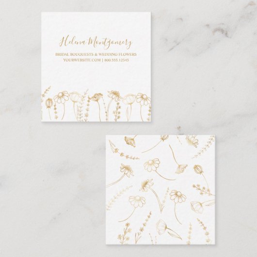 金ゴールドエレガントワイルドフラワースケッチフェミニン スクエア名刺 (正面/裏面)