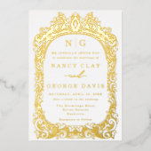 金ゴールドエレガントヴィンテージフレームモノグラ結婚ム 箔招待状 (正面)