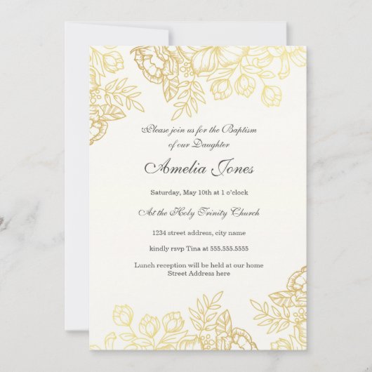 金ゴールドエレガントヴィンテージフローラ洗礼 招待状 (正面)