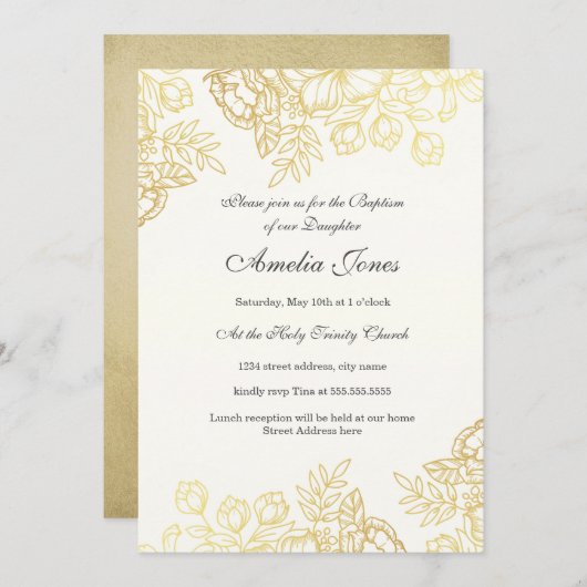 金ゴールドエレガントヴィンテージフローラ洗礼 招待状 (正面/裏面)
