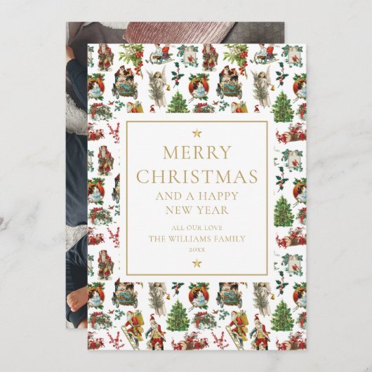 金ゴールドエレガントヴィンテージレトロクリスマスフォト シーズンカード (正面/裏面)
