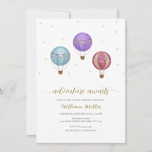 金ゴールドエレガントヴィンテージ熱気球ベビーシャワー 招待状 (正面)