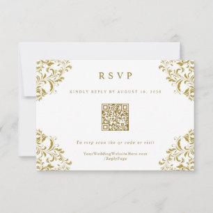 金ゴールドエレガントヴィンテージ結婚式QRコードRSVPカード 出欠カード